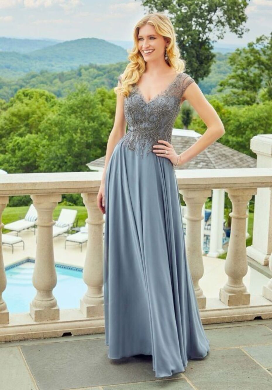 NEW MGNY by Mori Lee Embellished Bodice Cap Sleeve Maxi Dress Gown in Steel Gray